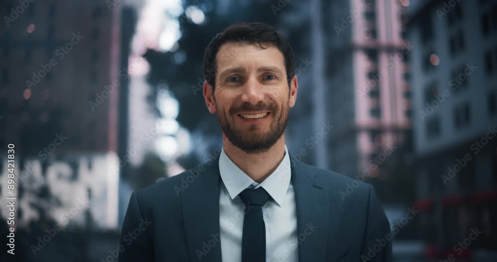 Smiling Caucasian Businessman in a Suit Stands Confidently on a City Street, Exuding Professionalism and Success. Urban Lifestyle, Career Achievement, and Business Confidence. Smiling Caucasian Businessman in a Suit Stands Confidently on a City Street, Exuding Professionalism and Success. Urban Lifestyle, Career Achievement, and Business Confidence.