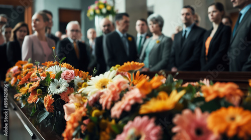 Group of formally dressed people attending a funeral or memorial service with floral arrangements on display.