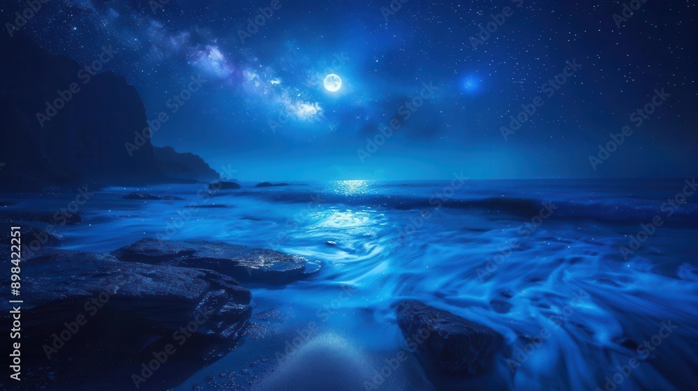 moonlit ocean waves crash against rocky shore bioluminescent algae create ethereal blue glow starry sky reflects on calm water patches moonlit ocean waves crash against rocky shore bioluminescent algae create ethereal blue glow starry sky reflects on calm water patches