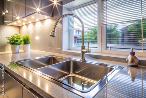 Sparkling clean modern kitchen sink with shiny stainless steel surface and sleek faucet reflects light, epitomizing cleanliness and sophistication in home decor.