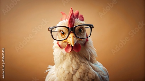 Adorable chicken with trendy glasses perched on its head, gazing directly at the camera with curious expression, isolated on a light brown background. photo