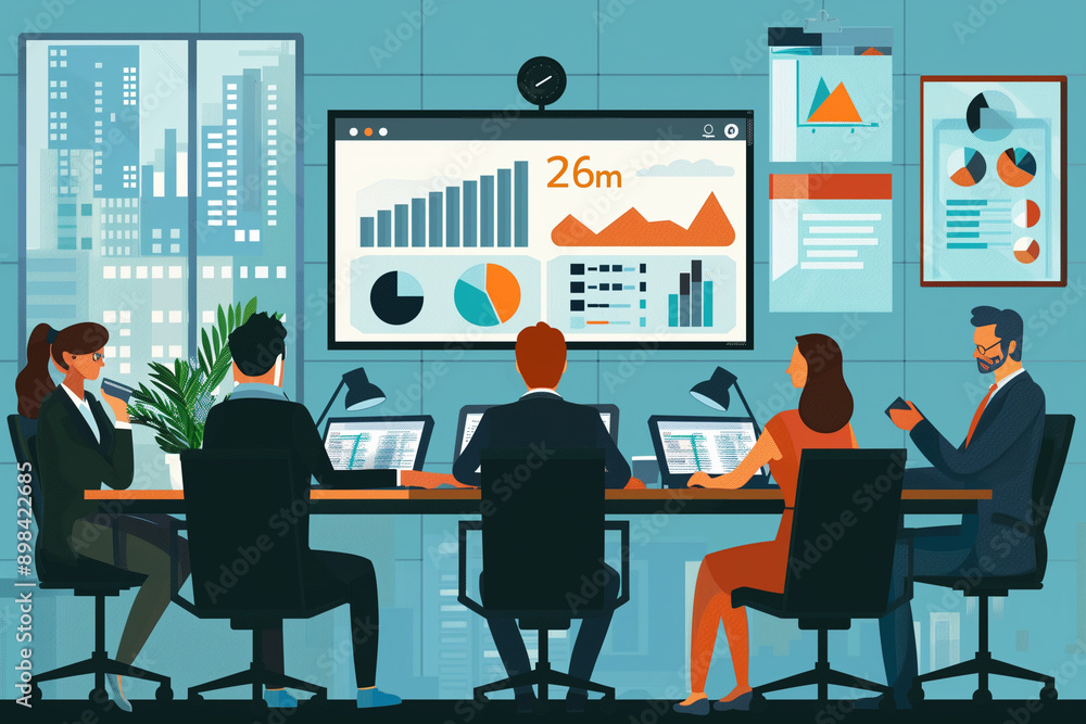 Business team at the video conference call in boardroom. Online meeting with CEO, manager or director. flat vector modern illustration Business team at the video conference call in boardroom. Online meeting with CEO, manager or director. flat vector modern illustration