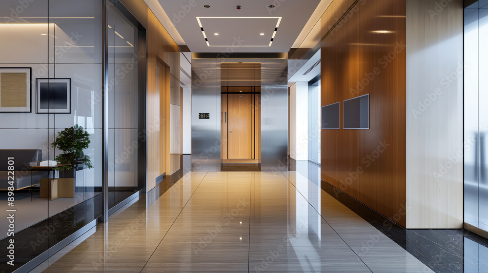 Modern office building lobby with an elevator, glass walls, wooden panels, and polished reflective flooring. Seating area with a small table and potted plant. Modern office building lobby with an elevator, glass walls, wooden panels, and polished reflective flooring. Seating area with a small table and potted plant.
