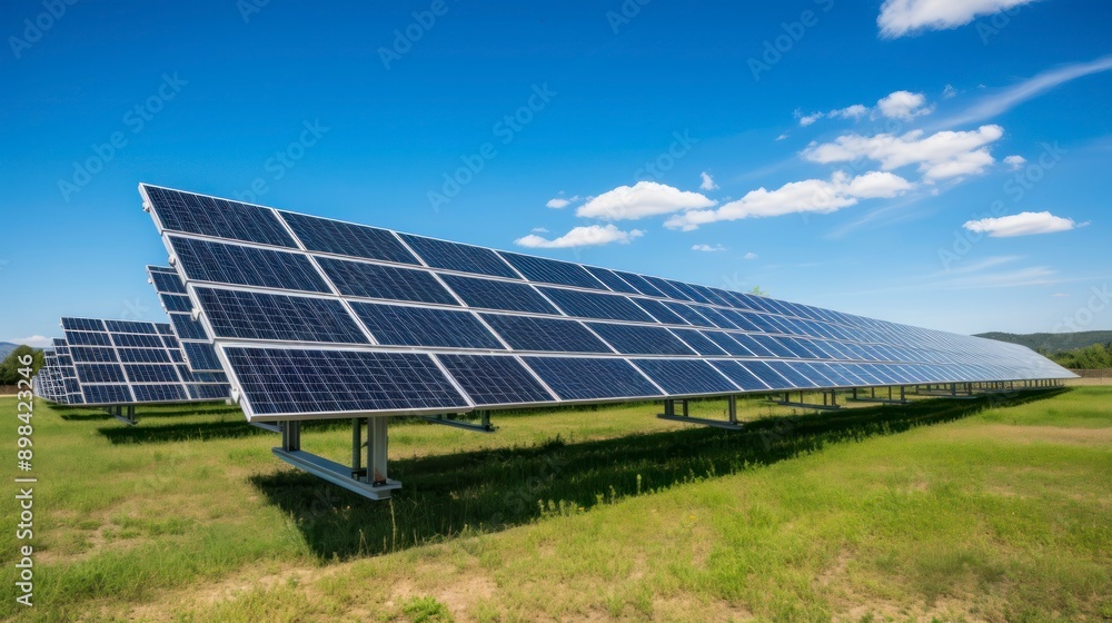 Solar energy panels in a green field with blue sky and sun