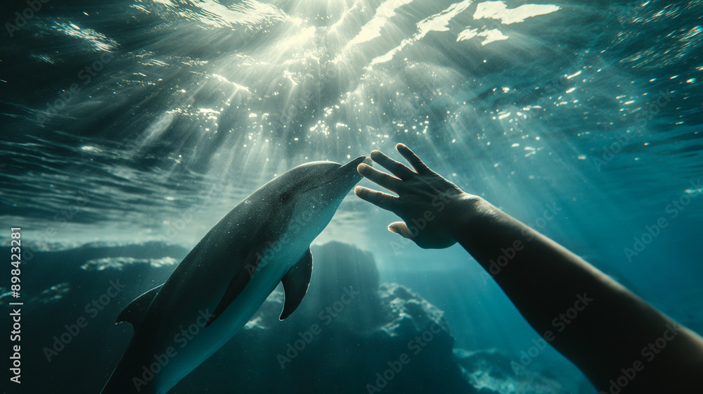 Obraz premium A person interacting with a dolphin, the water shimmering under sunlight, symbolizing harmony and the therapeutic bond between humans and animals, bottom third copy space