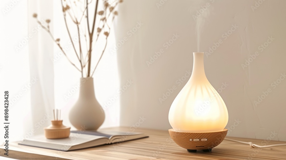 Aromatherapy Diffuser and Lamp on Wooden Table Aromatherapy Diffuser and Lamp on Wooden Table