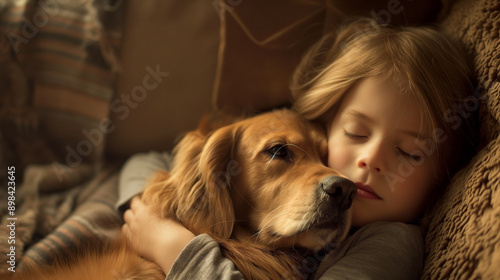 A child cuddling with a therapy dog in a cozy room, highlighting trust and comfort, upper third copy space