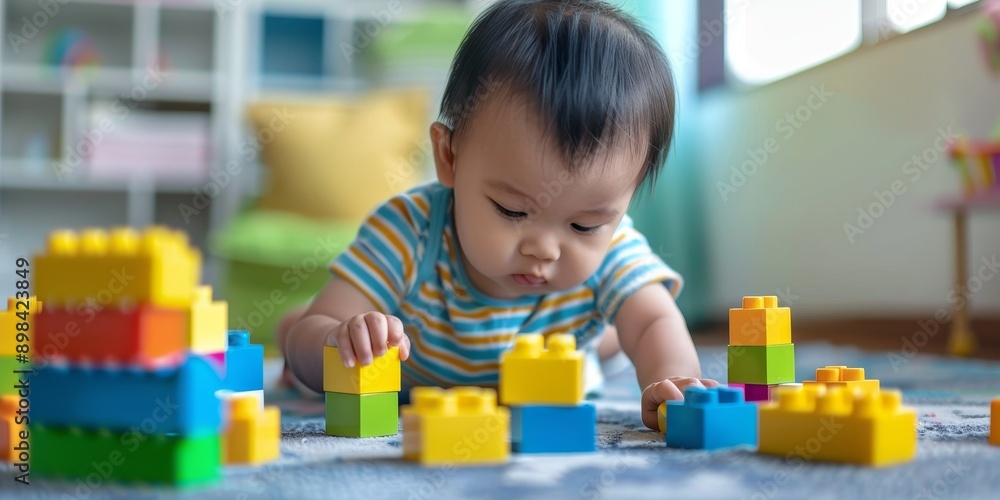 A baby playing with building blocks, concentrating intently on stacking them, illustrating early cognitive and motor skill development A baby playing with building blocks, concentrating intently on stacking them, illustrating early cognitive and motor skill development