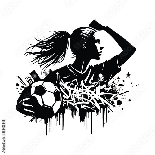 Soccer  female player in graffiti tags, street art pattern illustration, emblem shield badge