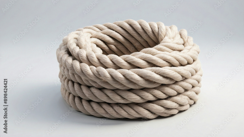 Thick natural fiber rope coiled and twisted into a neat circular shape on a plain white background Thick natural fiber rope coiled and twisted into a neat circular shape on a plain white background