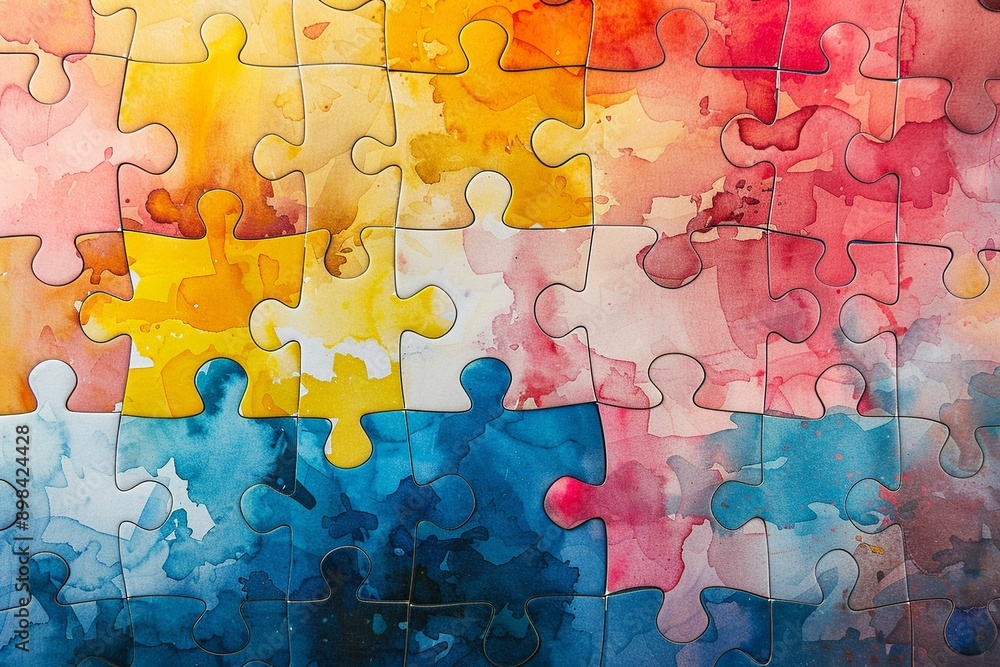 This captivating image features interlocking puzzle pieces with a watercolor texture, symbolizing connection and unity. Each piece's whimsical and creative design emphasizes the beauty of diversity This captivating image features interlocking puzzle pieces with a watercolor texture, symbolizing connection and unity. Each piece's whimsical and creative design emphasizes the beauty of diversity