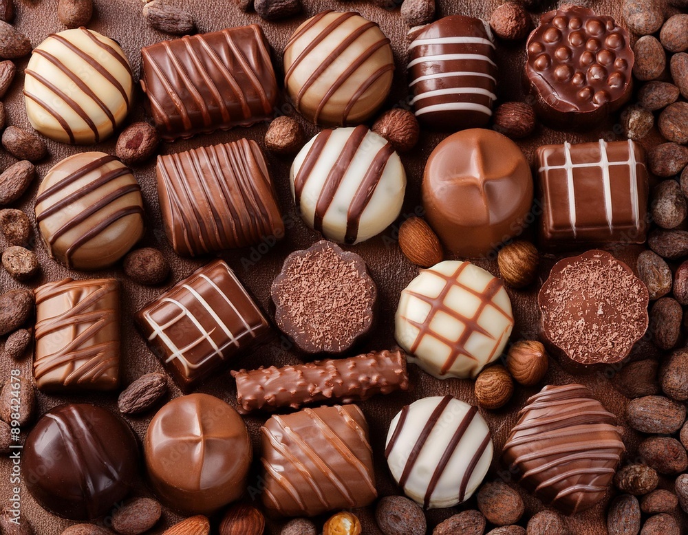 verschiedene Pralinen, Hintergrund, Draufsicht 