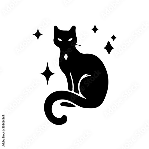 Mystical Black Cat Sitting on Crescent Moon with Celestial Witchcraft Symbol and Elements, Minimalist victor illustration Silhouette Style.