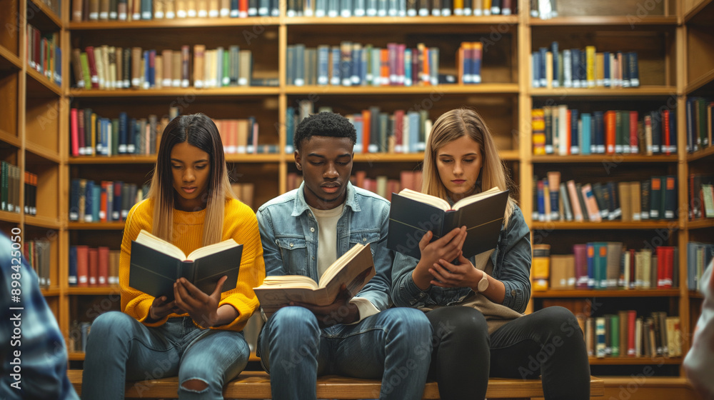 Group reading books in a quiet library, highlighting knowledge, respect, and the health of the mind and spirit, upper third copy space Group reading books in a quiet library, highlighting knowledge, respect, and the health of the mind and spirit, upper third copy space