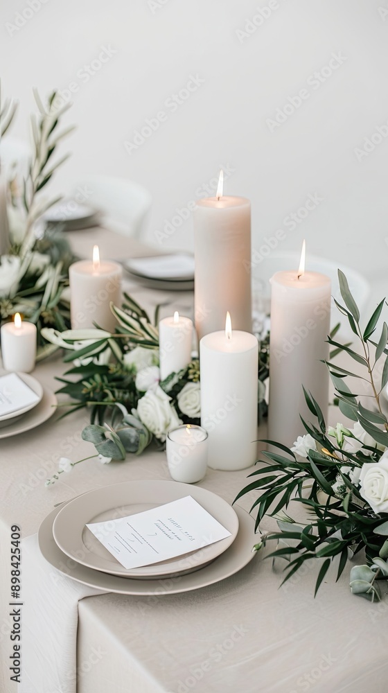 A long table wedding reception dinner is set up in an outdoor courtyard. The table is decorated with greenery and candles, and there are chairs set up on both sides A long table wedding reception dinner is set up in an outdoor courtyard. The table is decorated with greenery and candles, and there are chairs set up on both sides