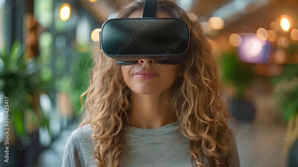 A female remote worker uses virtual reality technology to explore a client's virtual property. She stands in a modern, open workspace. A female remote worker uses virtual reality technology to explore a client's virtual property. She stands in a modern, open workspace.