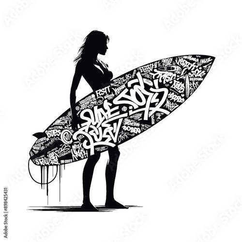 surfer  female player in graffiti tags, street art pattern illustration, emblem shield badge