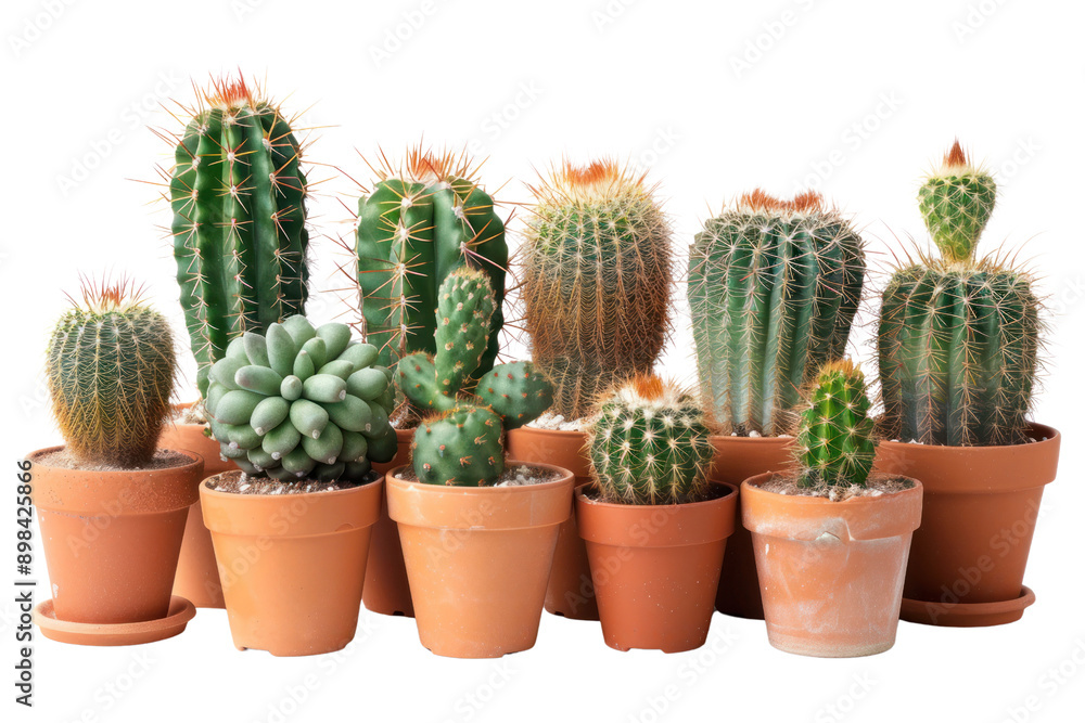 Collection of colorful cacti Arranged in groups of clay pots. Isolated on a white background Collection of colorful cacti Arranged in groups of clay pots. Isolated on a white background