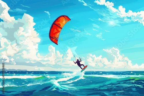 A kitesurfer catching air above turquoise waters on a sunny day