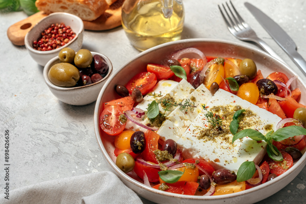 fresh feta cheese salad with organic tomatoes with olives and basil, olive oil and aromatic herbs, Healthy lunch or dinner with fresh feta cheese salad with organic tomatoes with olives and basil, olive oil and aromatic herbs, Healthy lunch or dinner with