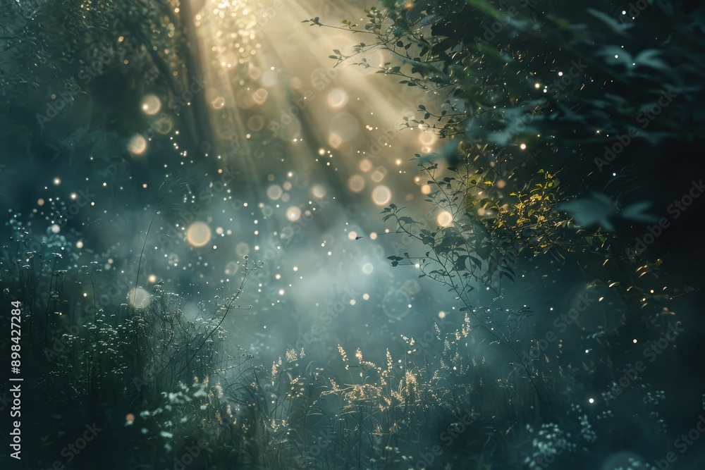 Naklejka premium Sunlight filters through the dense forest, illuminating the trees, AI generated