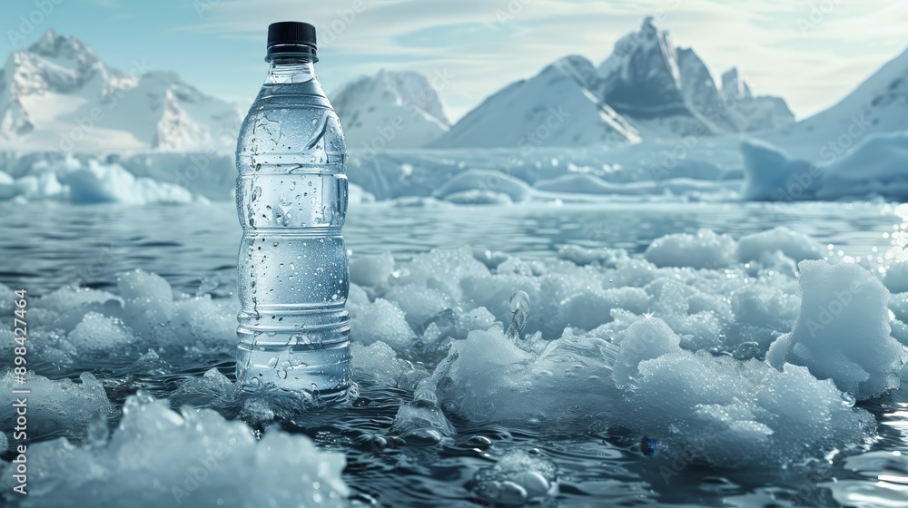 A transparent plastic bottle of drinking water stands amidst chunks of ice on a frozen surface, with snowy mountains under a blue sky in the background, A transparent plastic bottle of drinking water stands amidst chunks of ice on a frozen surface, with snowy mountains under a blue sky in the background,