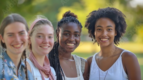 Smiling young women from diverse ethnic backgrounds, standing closely together
