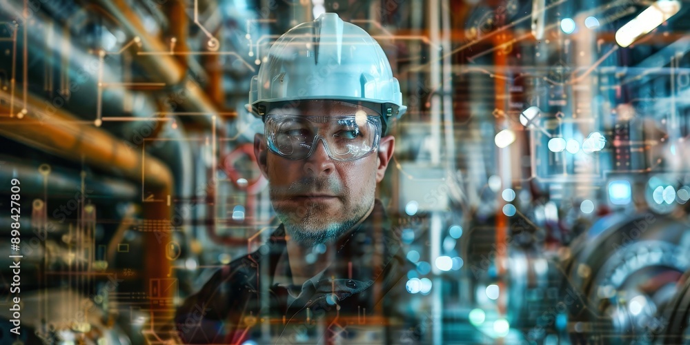 Fototapeta premium An engineer overlaid with industrial machinery, showcasing technology integration in manufacturing