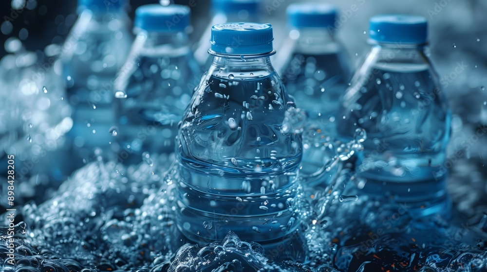 Close-up of multiple sealed water bottles with blue caps, glistening with condensation against a blurred background, symbolizing freshness and cleanliness.