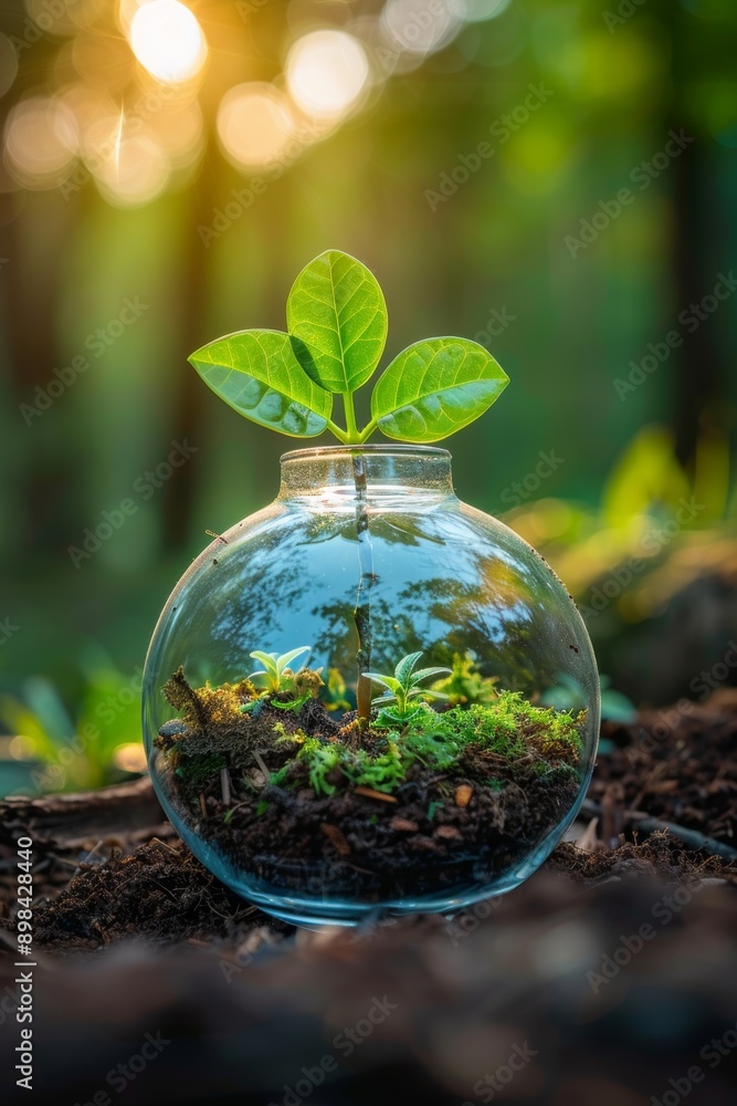 A small plant sprouts from soil in a glass orb, symbolizing growth and renewal in a natural setting. A small plant sprouts from soil in a glass orb, symbolizing growth and renewal in a natural setting.