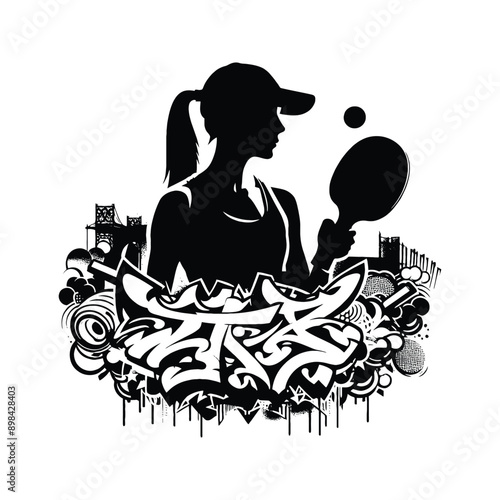 Tennis, table tennis  female player in graffiti tags, street art pattern illustration, emblem shield badge