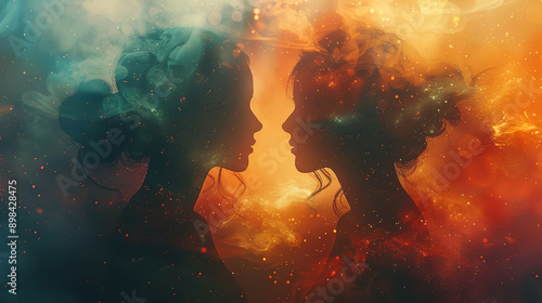 Artistic portrait of two women merging with colorful smoke creating a dreamlike atmosphere
