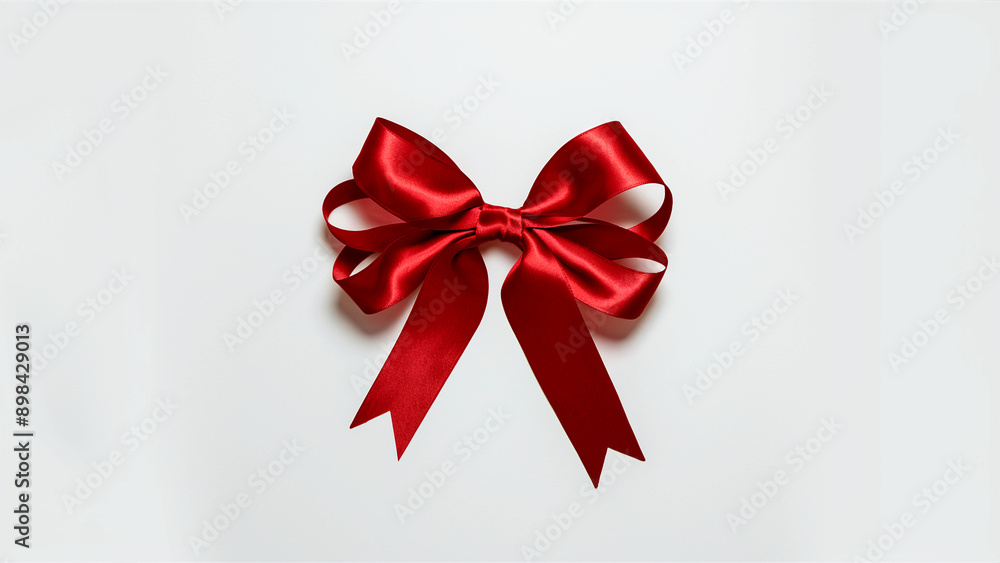 A single, perfectly tied red satin ribbon bow rests on a plain white background. A single, perfectly tied red satin ribbon bow rests on a plain white background.