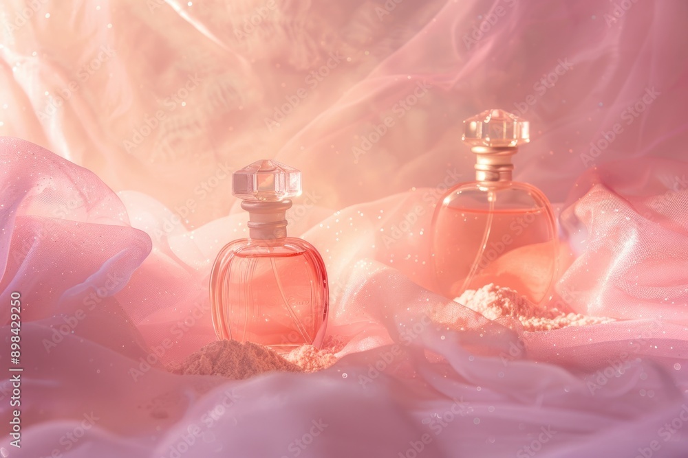 Two pink perfume bottles on the table Two pink perfume bottles on the table