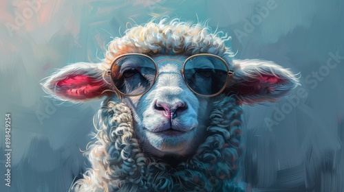 Funny sheep wearing sunglasses and posing with a cool attitude in a modern digital illustration