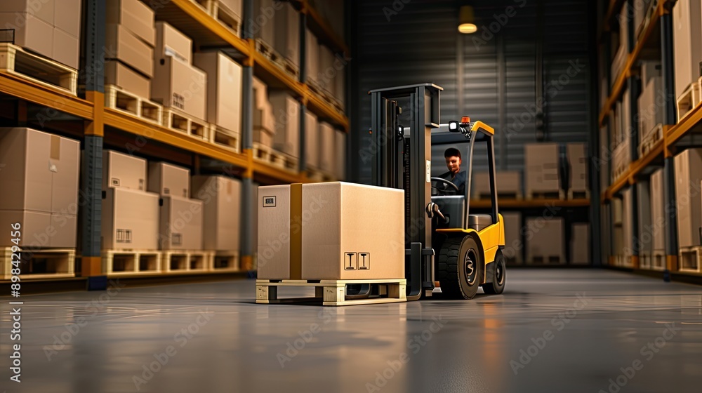A yellow forklift is parked near three wooden pallets in a warehouse. The forklift has a black mast and a black seat. The warehouse walls are made of wood