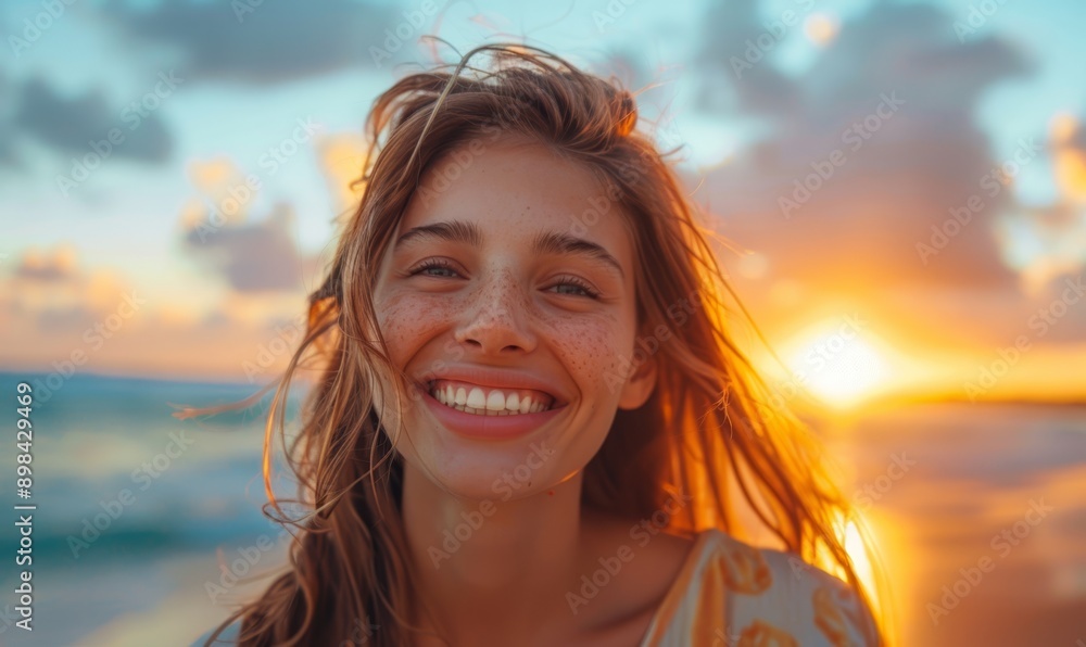 Happy beautiful young woman smiling outdoors - Delightful girl enjoying sunset at the beach - Happiness and healthy life style concept Happy beautiful young woman smiling outdoors - Delightful girl enjoying sunset at the beach - Happiness and healthy life style concept