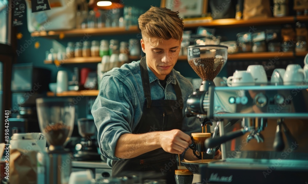 Handsome barista working in coffee shop, preparing coffee. University student working part-time in cafe Handsome barista working in coffee shop, preparing coffee. University student working part-time in cafe