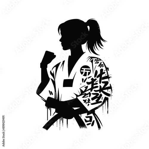 Judo , martial art ,  Karate , Taekwondo  female player in graffiti tags, street art pattern illustration, emblem shield badge