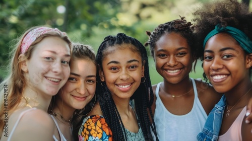 Smiling young women from various ethnic backgrounds, standing closely together and warmly