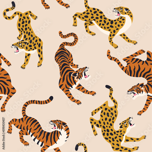 Vector seamless pattern with asian tigers and leopard on beige background. Circus animal show. Fashionable fabric design.