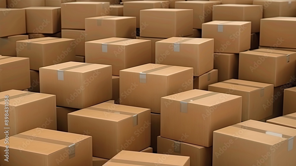 A stack of cardboard boxes sits on a wooden surface in front of a warehouse with shelves of boxes in the background A stack of cardboard boxes sits on a wooden surface in front of a warehouse with shelves of boxes in the background