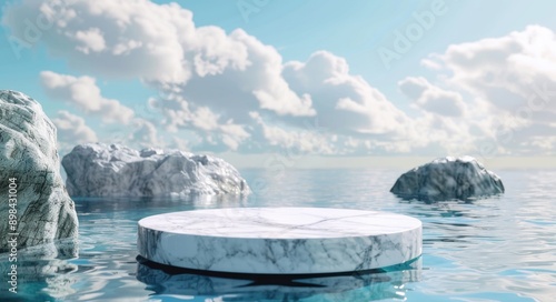 White marble podium on water with blue sky and rock background