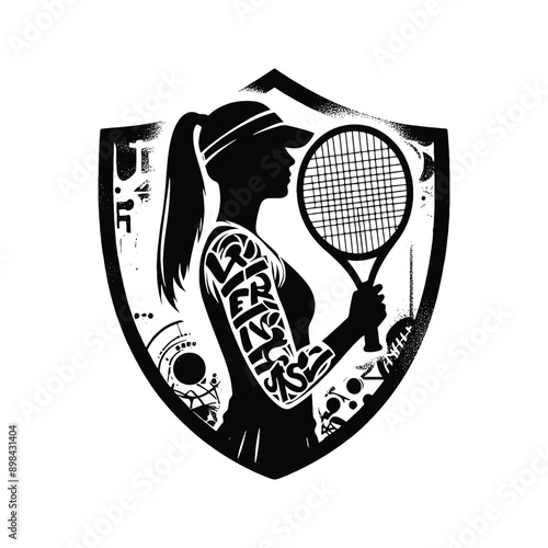 Tennis, table tennis  female player in graffiti tags, street art pattern illustration, emblem shield badge