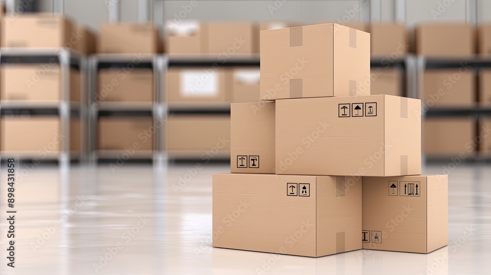 A stack of cardboard boxes sits on a wooden surface in front of a warehouse with shelves of boxes in the background A stack of cardboard boxes sits on a wooden surface in front of a warehouse with shelves of boxes in the background