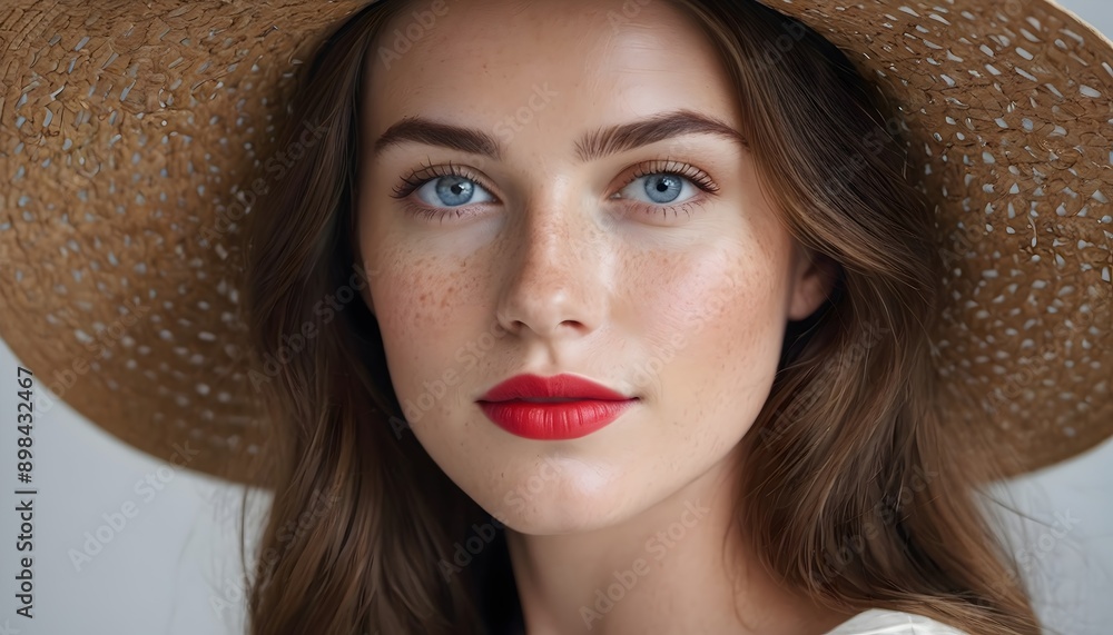 Beautiful lady with brown hair, blue eyes and a soft smile. Summer fashion portrait with freckles and a straw sun hat. Beautiful lady with brown hair, blue eyes and a soft smile. Summer fashion portrait with freckles and a straw sun hat.