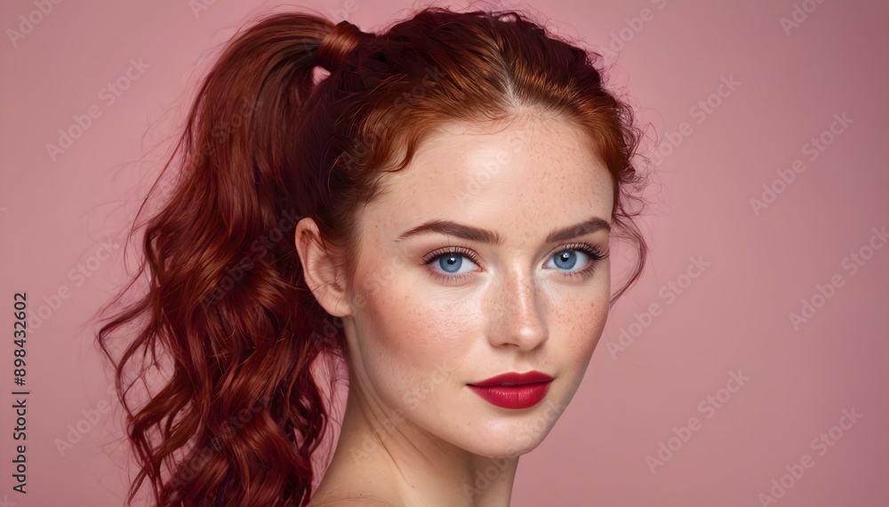 Fototapeta premium Isolated studio shot of a stunning woman with red hair, freckles, and blue eyes. Natural beauty with red lips and a soft smile.
