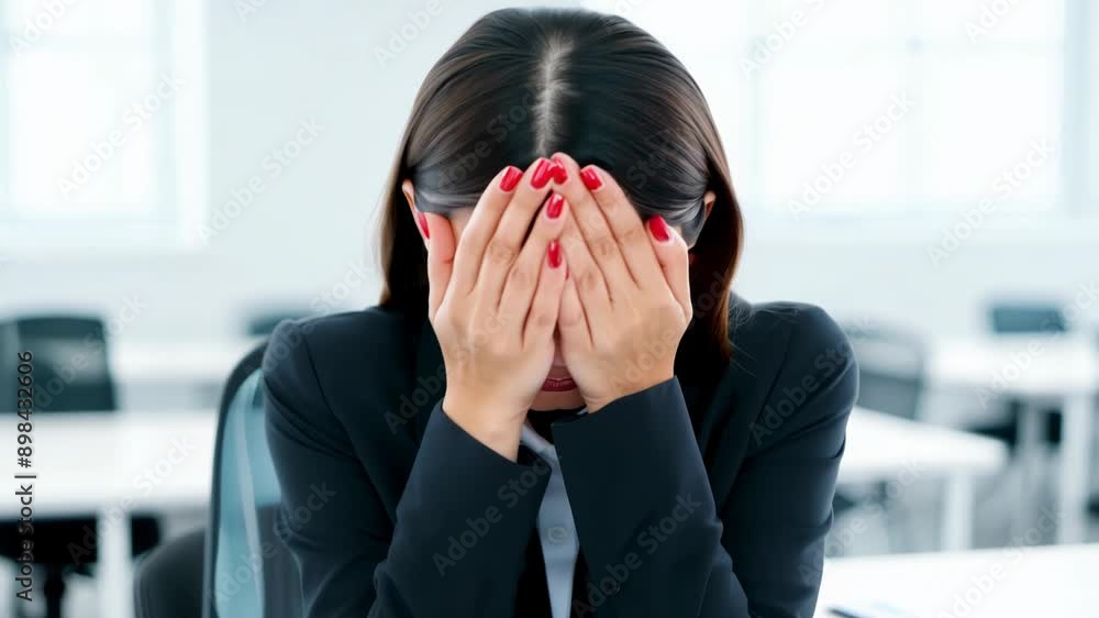 Crying Businesswoman in Contemporary White Workspace Crying Businesswoman in Contemporary White Workspace