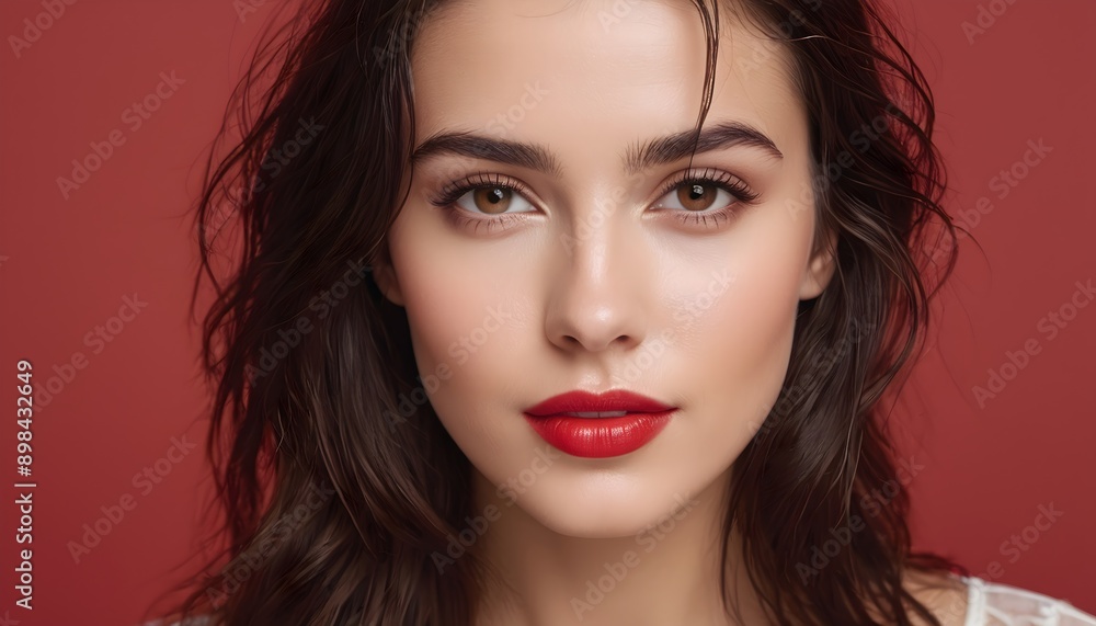 Portrait of an elegant brunette lady with perfect skin and red lipstick. Cheerful and attractive studio shot of beautiful woman on a red backdrop Portrait of an elegant brunette lady with perfect skin and red lipstick. Cheerful and attractive studio shot of beautiful woman on a red backdrop