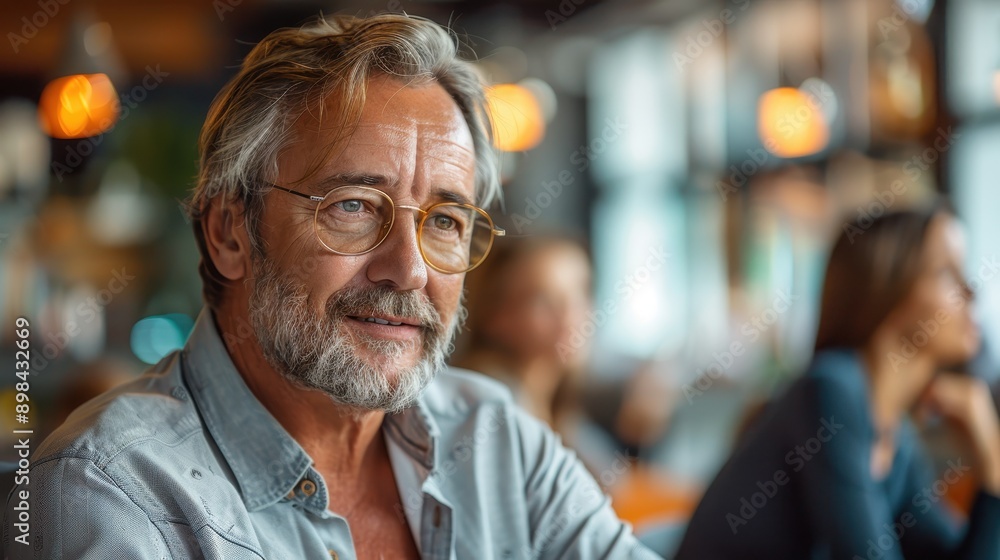 A middle-aged man with glasses and a grey beard smiles warmly while sitting in a modern cafe with blurred background patrons. A middle-aged man with glasses and a grey beard smiles warmly while sitting in a modern cafe with blurred background patrons.